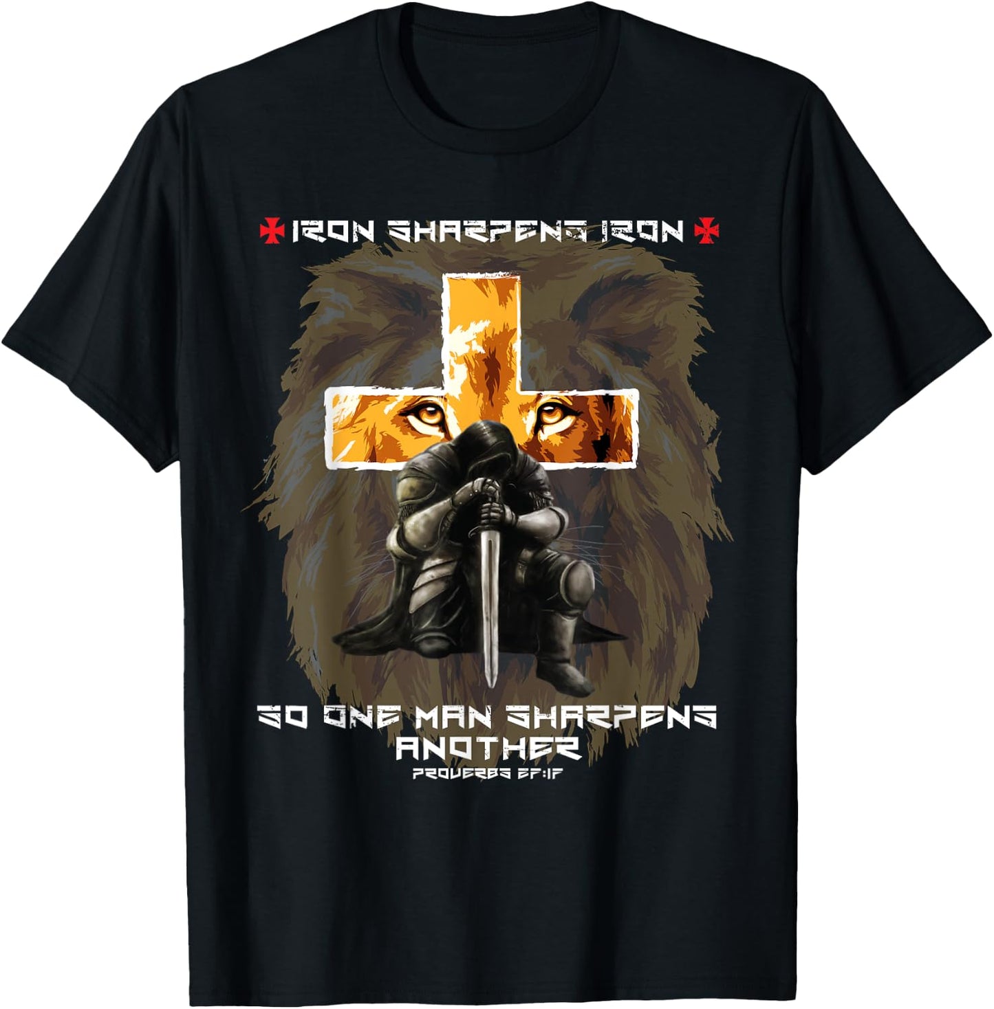 Iron Sharpens Iron Christian Saying Lion Judah Cross Graphic T-Shirt - T-Shirt | Black