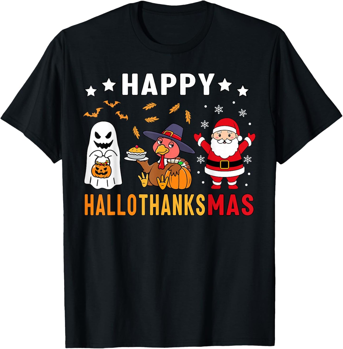 Happy Hallothanksmas Ghost Turkey Pumpkin Christmas Santa T-Shirt - T-Shirt | Black