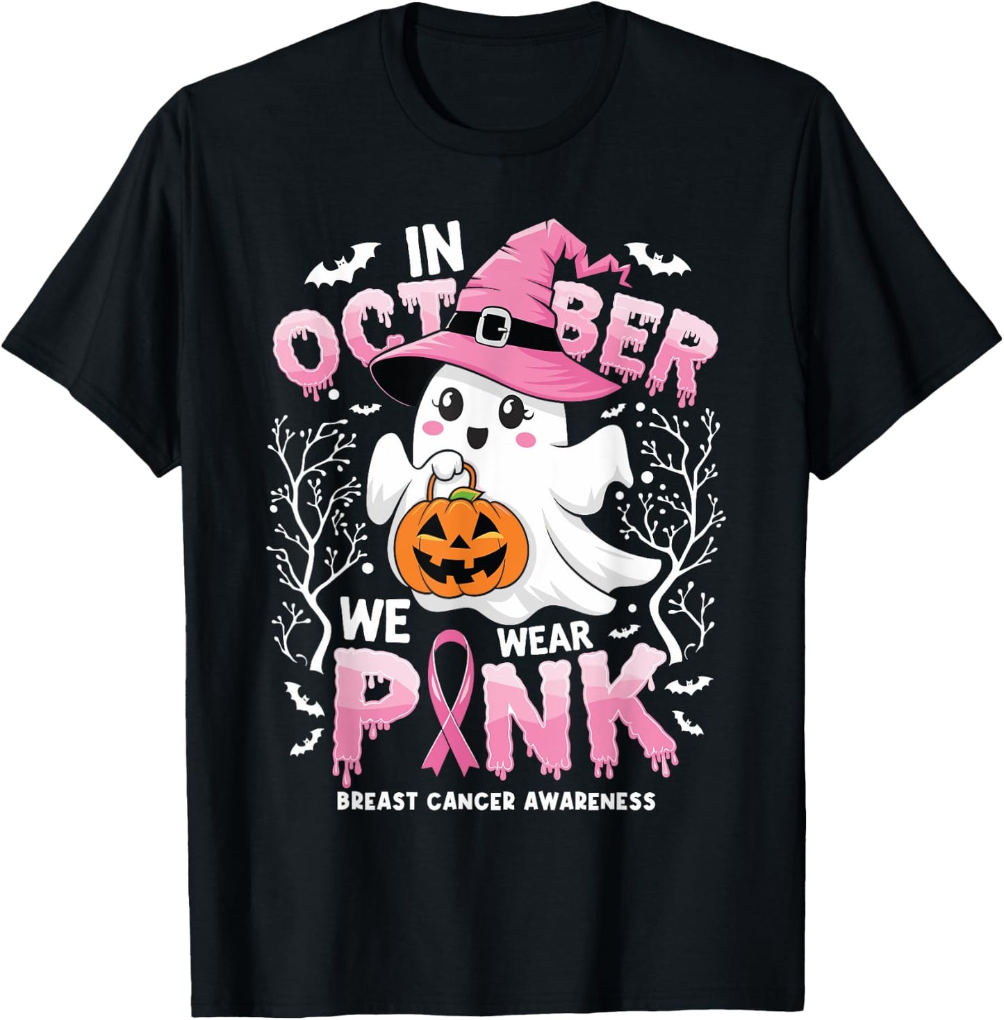 In October We Wear Pink Ghost Witch Breast Cancer Awareness T-Shirt - T-Shirt | Black