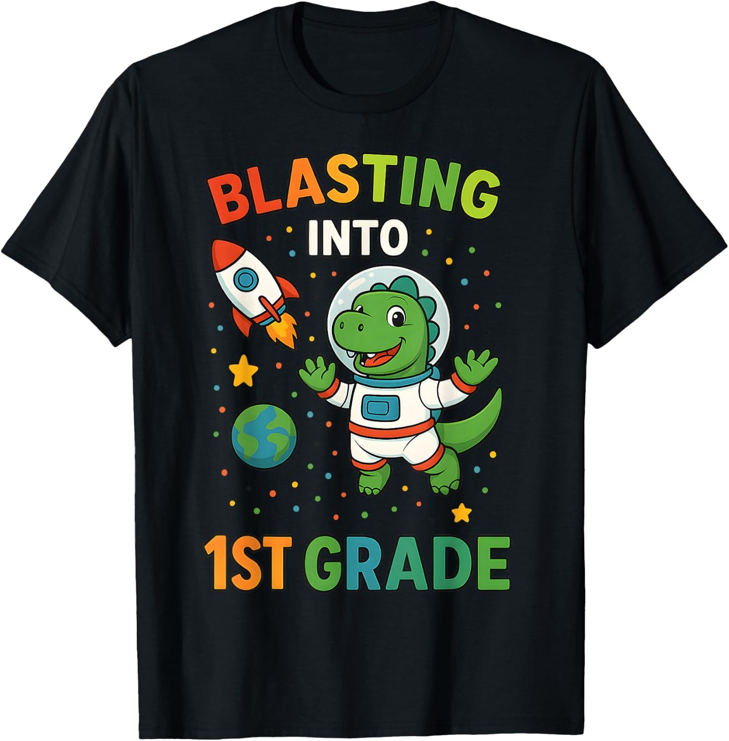 Blasting Into 1st Grade Dinosaur Astronaut Back To School T-Shirt - T-Shirt | Black