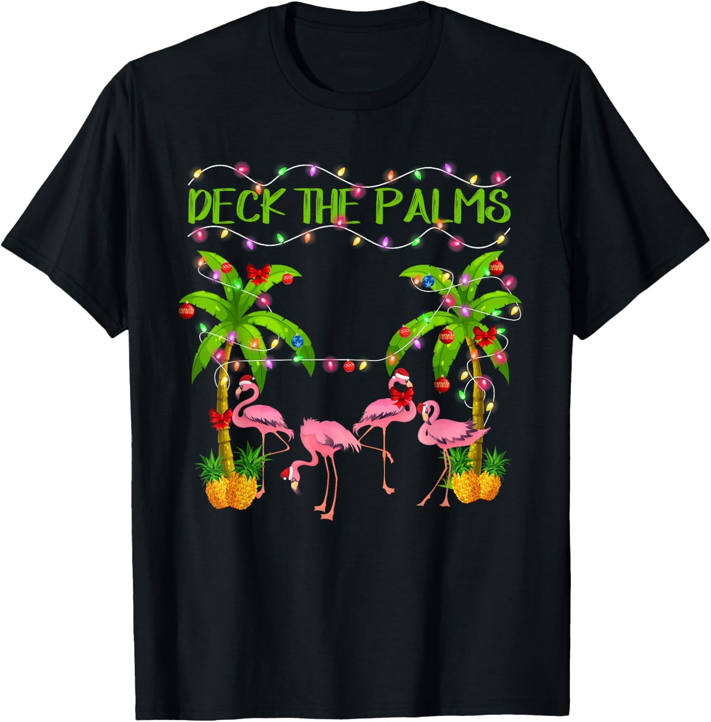 Deck the Palms Flamingo Lover Merry Christmas Pink Xmas T-Shirt - T-Shirt | Black