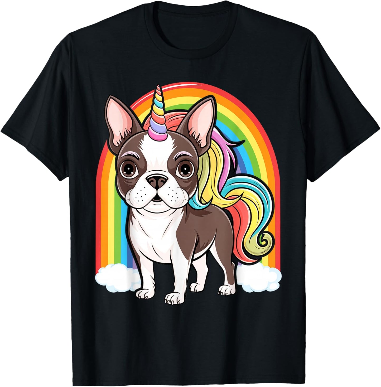 Cute Boston Terrier Unicorn Rainbow T-Shirt - T-Shirt | Black