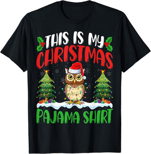 Owl Birds Christmas Pajama Shirt Xmas Tree Lights Owl Lover T-Shirt - T-Shirt | Black