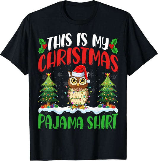 Owl Birds Christmas Pajama Shirt Xmas Tree Lights Owl Lover T-Shirt - T-Shirt | Black