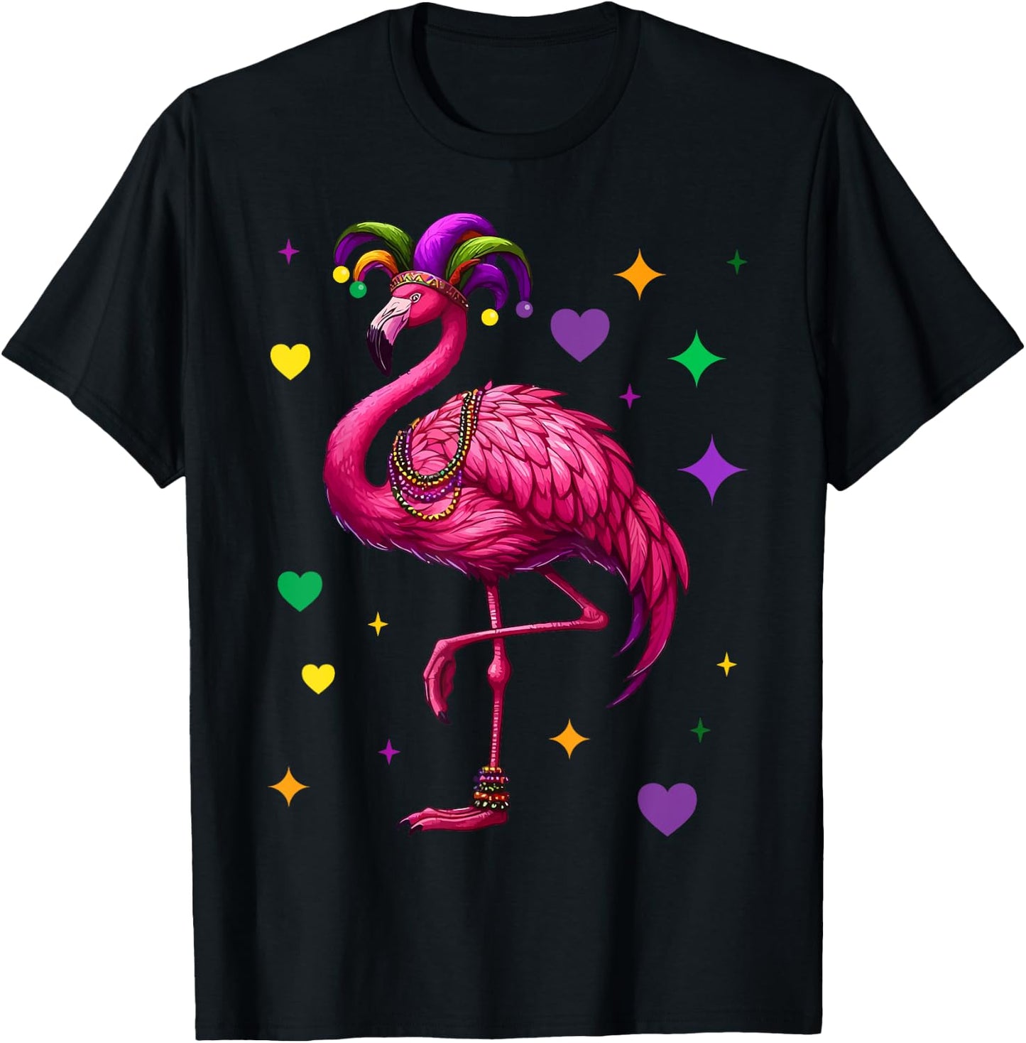 Flamingo Wearing Jester Hat Mardi Gras Fun T-Shirt - T-Shirt | Black