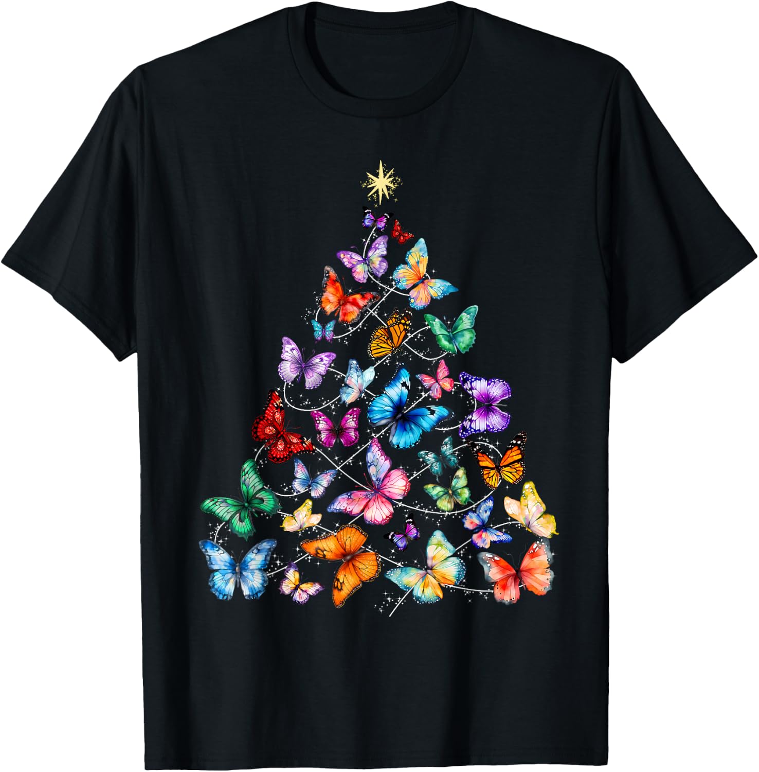 Butterfly Christmas Tree Lights Insect Christmas Gifts T-Shirt - T-Shirt | Black