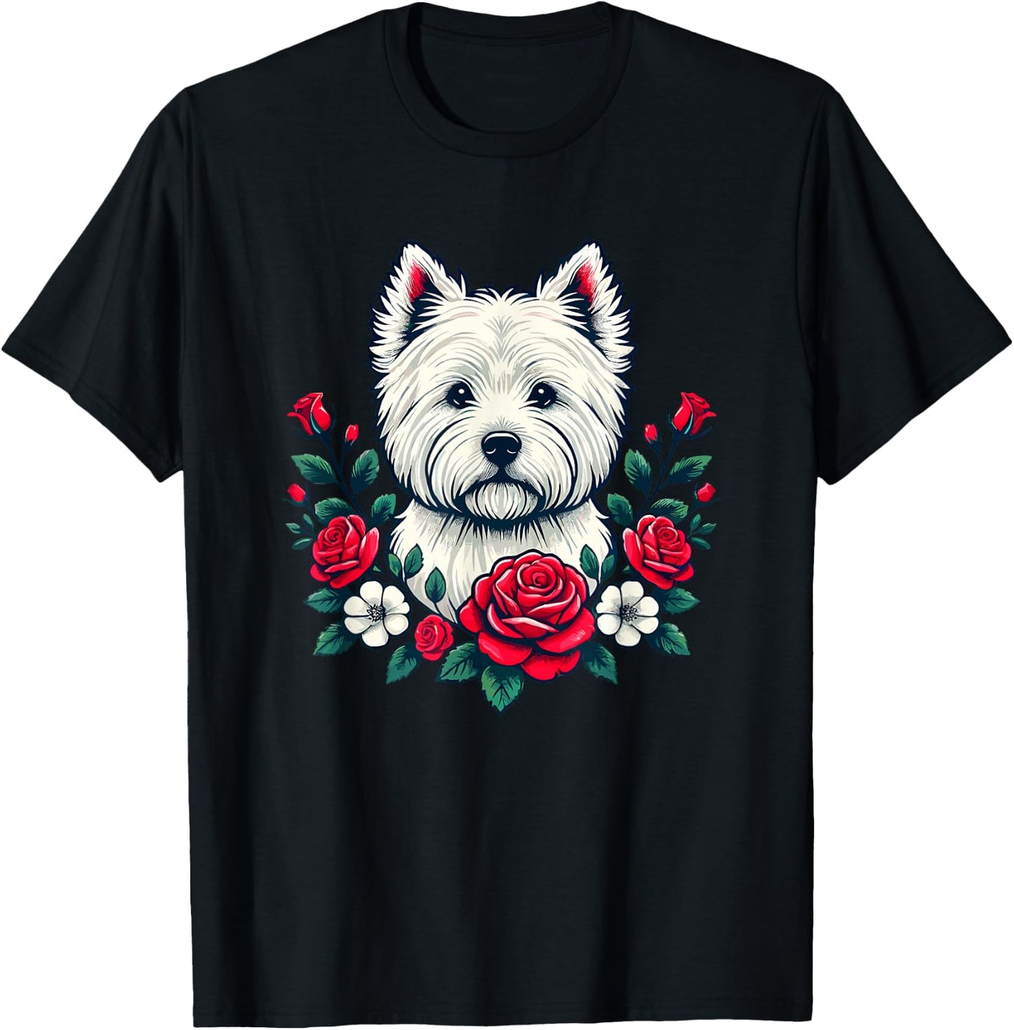 Roses Flowers West Highland White Terrier Westie T-Shirt - T-Shirt | Black