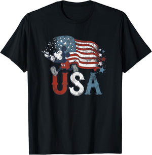 Disney Mickey Mouse with Flute America USA Flag 4th of July T-Shirt - T-Shirt | Black