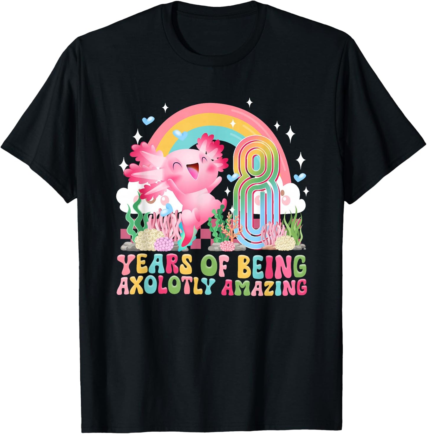 8th Axolotl Birthday Party Eight Year Old Axolotls Birthday T-Shirt - T-Shirt | Black