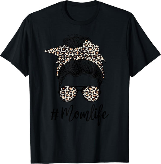 Mom Life Leopard Messy Bun Hair Bandana Glasses T-Shirt - T-Shirt | Black