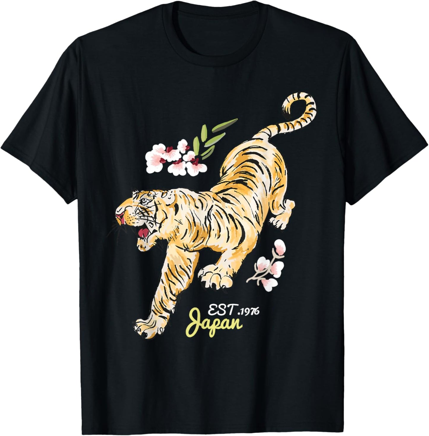 Vintage Japanese Tiger - Asian Flowers Tattoo Art T-Shirt - T-Shirt | Black