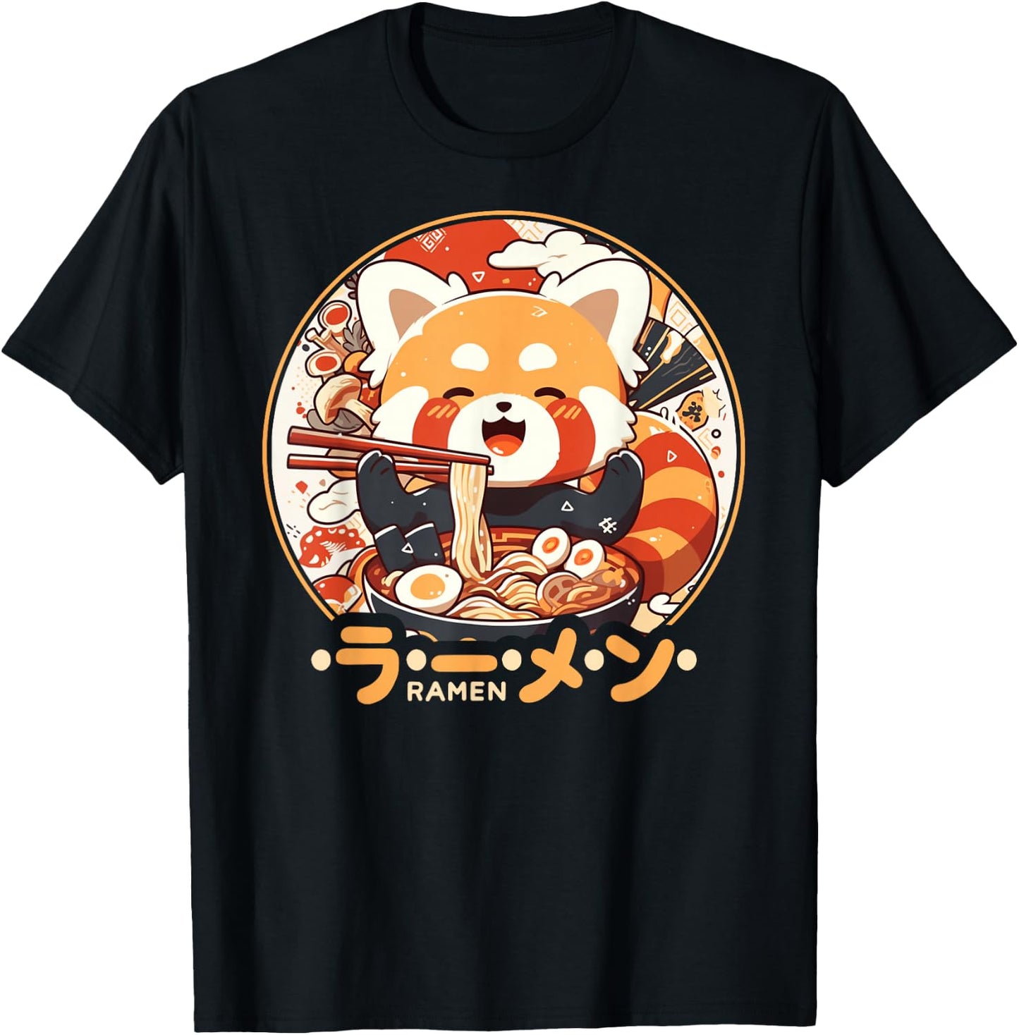 Red Panda Loves Ramen Kawaii Neko Red Panda Ramen , black T-Shirt - T-Shirt | Black