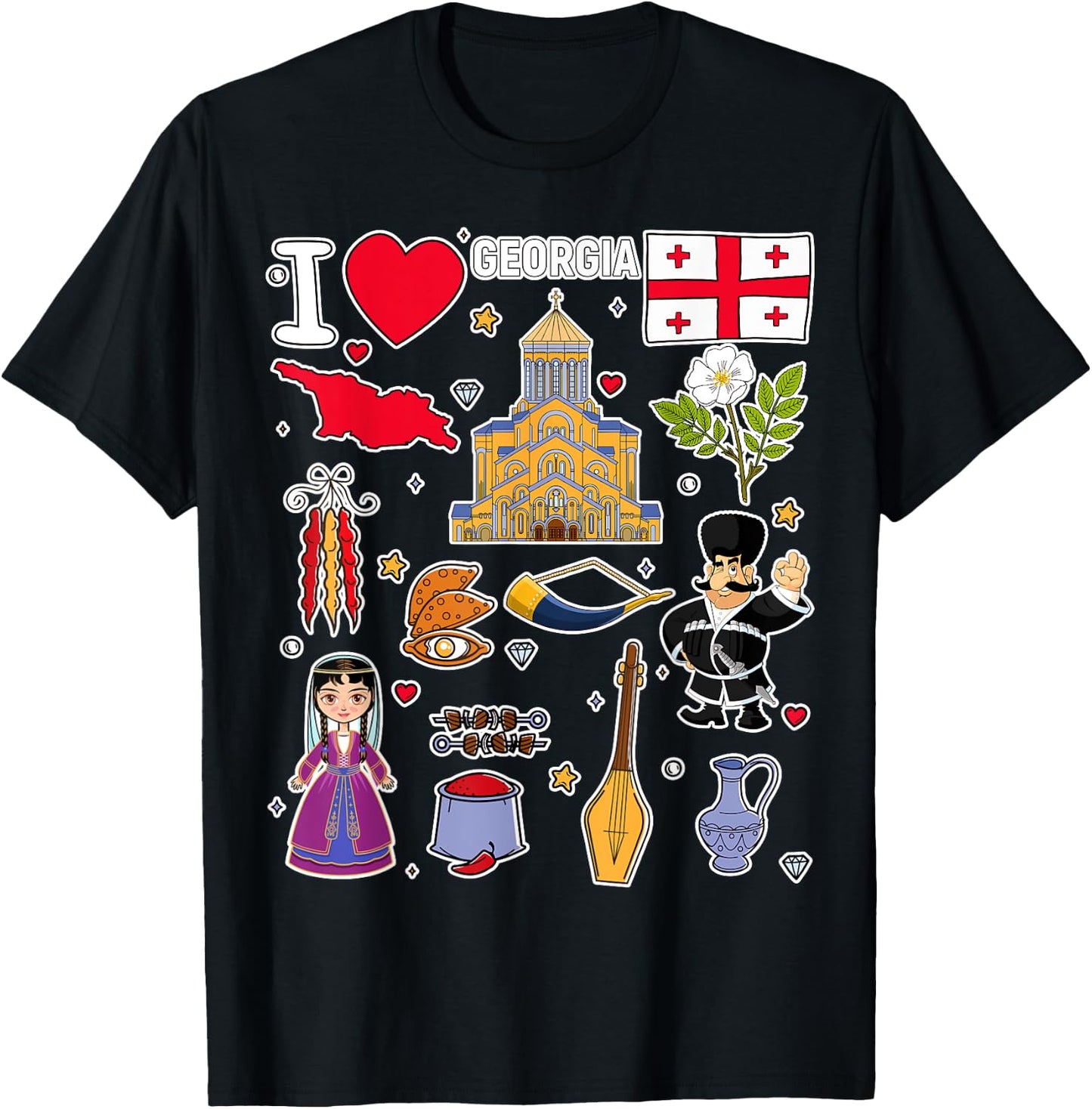 Georgian hand drawn symbols, Georgia map, cultural icons T-Shirt - T-Shirt | Black