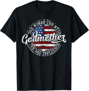 Godmother Woman Myth Bad Influence USA Flag Stamp Mother Day T-Shirt - T-Shirt | Black