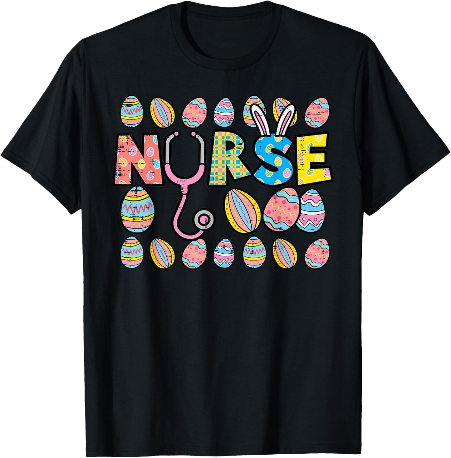 Easter Eggs Nurse Stethoscope Scrub Top Spring Squad Women T-Shirt - T-Shirt | Black