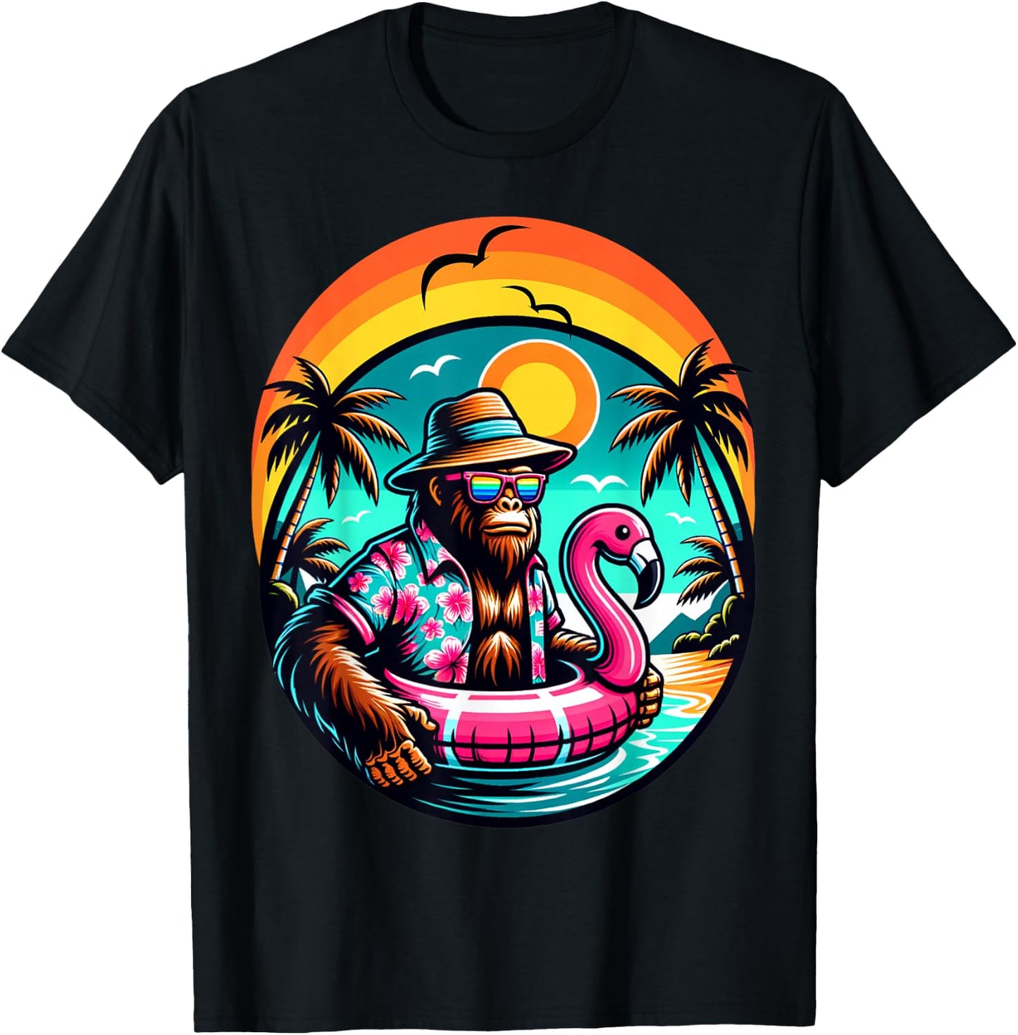 Bigfoot Pink Flamingo Aloha Pool Party Hawaiian Party T-Shirt - T-Shirt | Black