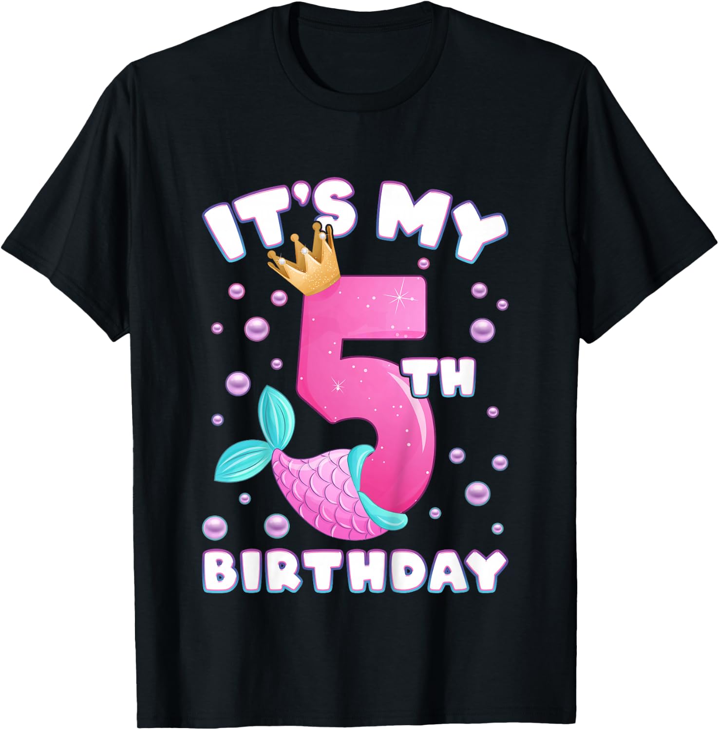 5th Birthday, Girl, Mermaid Fin, Number 5 T-Shirt - T-Shirt | Black