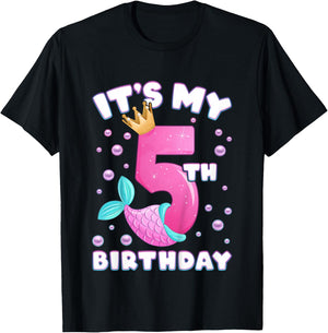 5th Birthday, Girl, Mermaid Fin, Number 5 T-Shirt - T-Shirt | Black