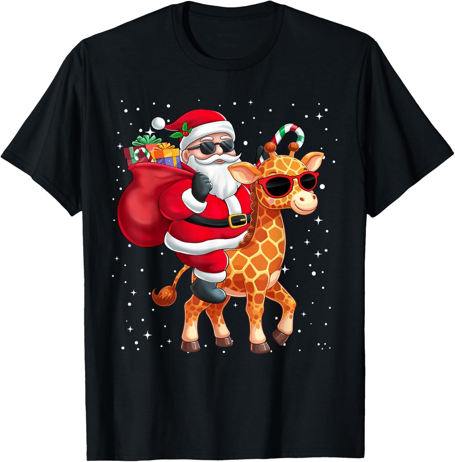 Santa Claus Riding A Giraffe Christmas Boy Girl Kids T-Shirt - T-Shirt | Black