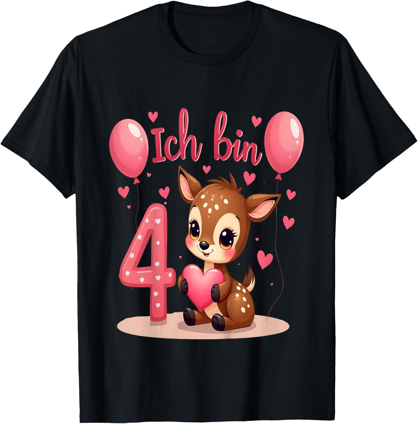 Children's Cute Deer I Am 4 Children's Birthday 4th Birthday Girl , black T-Shirt - T-Shirt | Black