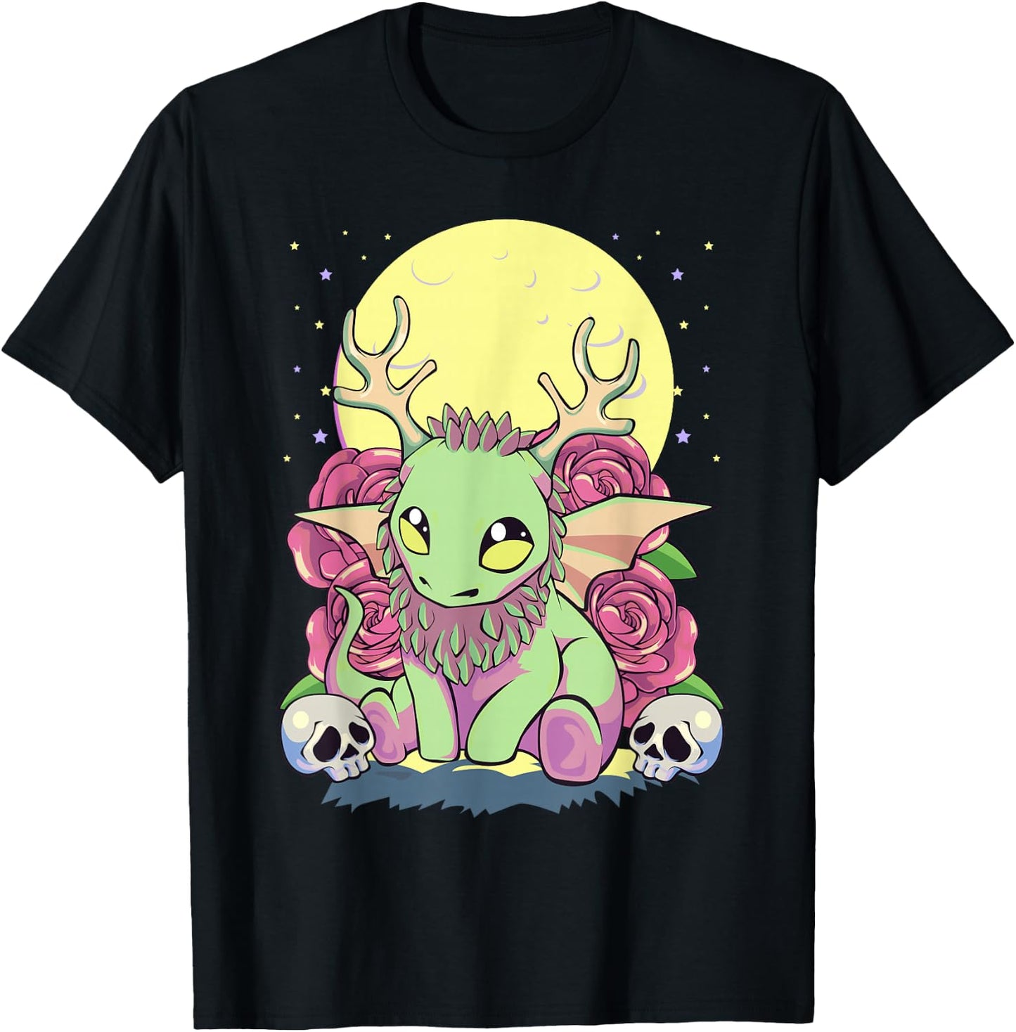 Pastel Goth Kawaii Occult Jackalope Cryptid Dragon Roses T-Shirt - T-Shirt | Black
