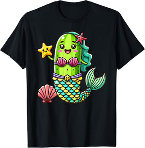Funny Cucumber Pickle Mermaid Vegan Cute Boys Girls Kids T-Shirt - T-Shirt | Black