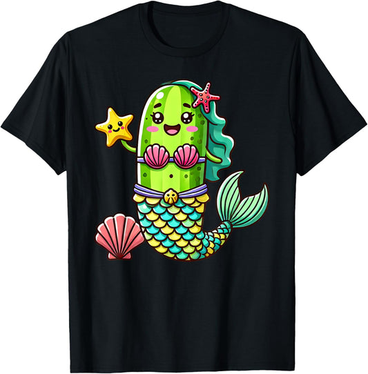 Funny Cucumber Pickle Mermaid Vegan Cute Boys Girls Kids T-Shirt - T-Shirt | Black