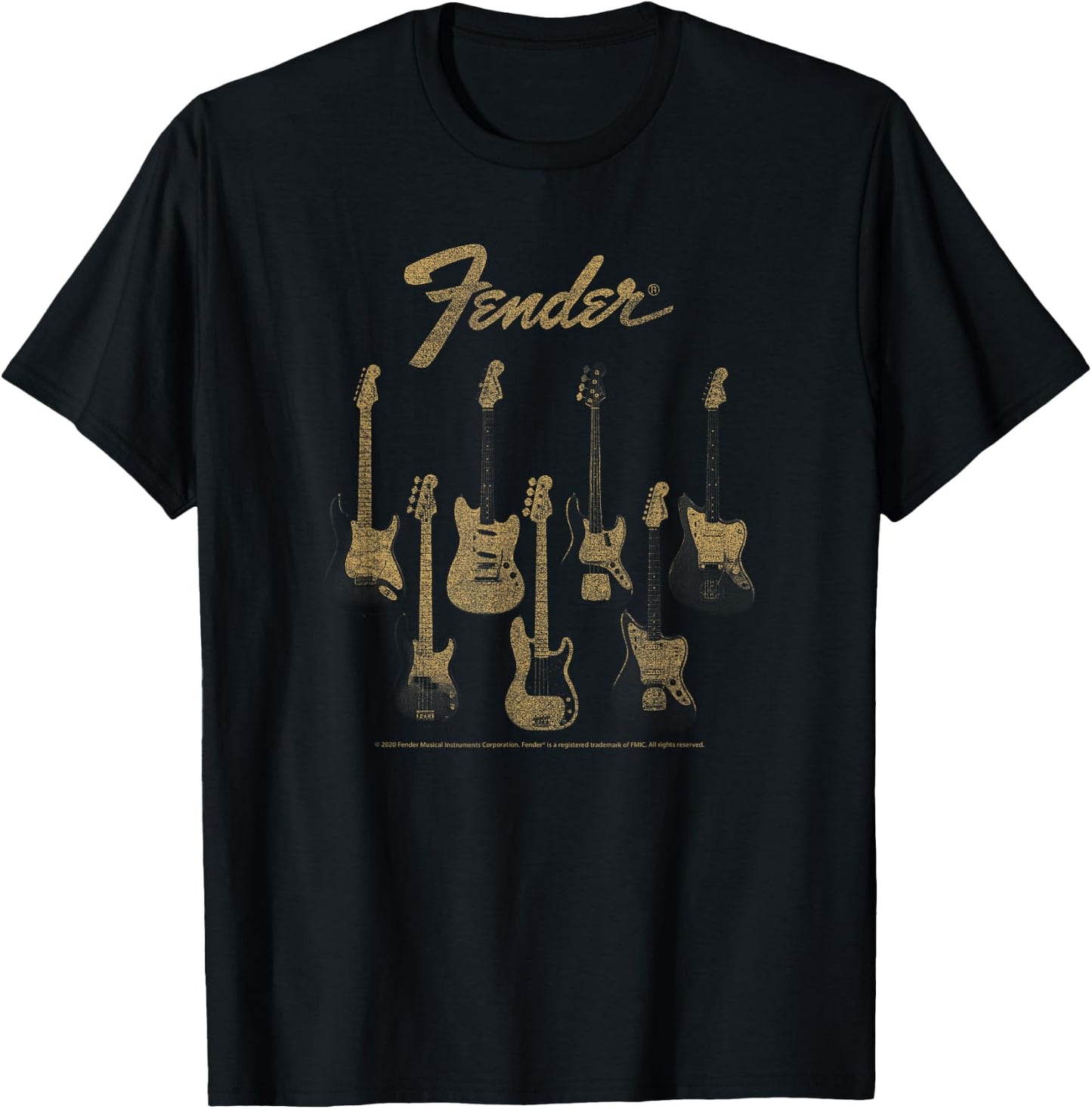 Fender Guitar Selection Variety On Display Vintage Poster , black T-Shirt - T-Shirt | Black
