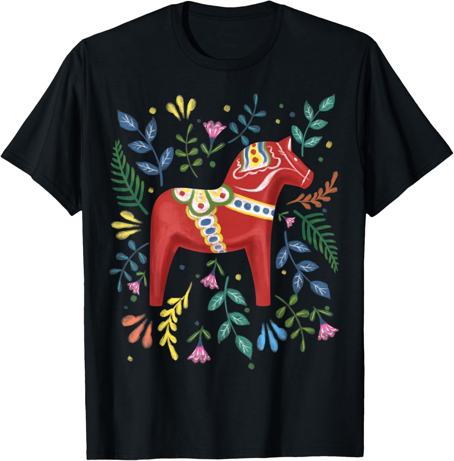 Swedish Dala Horse Folk Art Sweden Flag Dalahelmsoljd , black T-Shirt - T-Shirt | Black