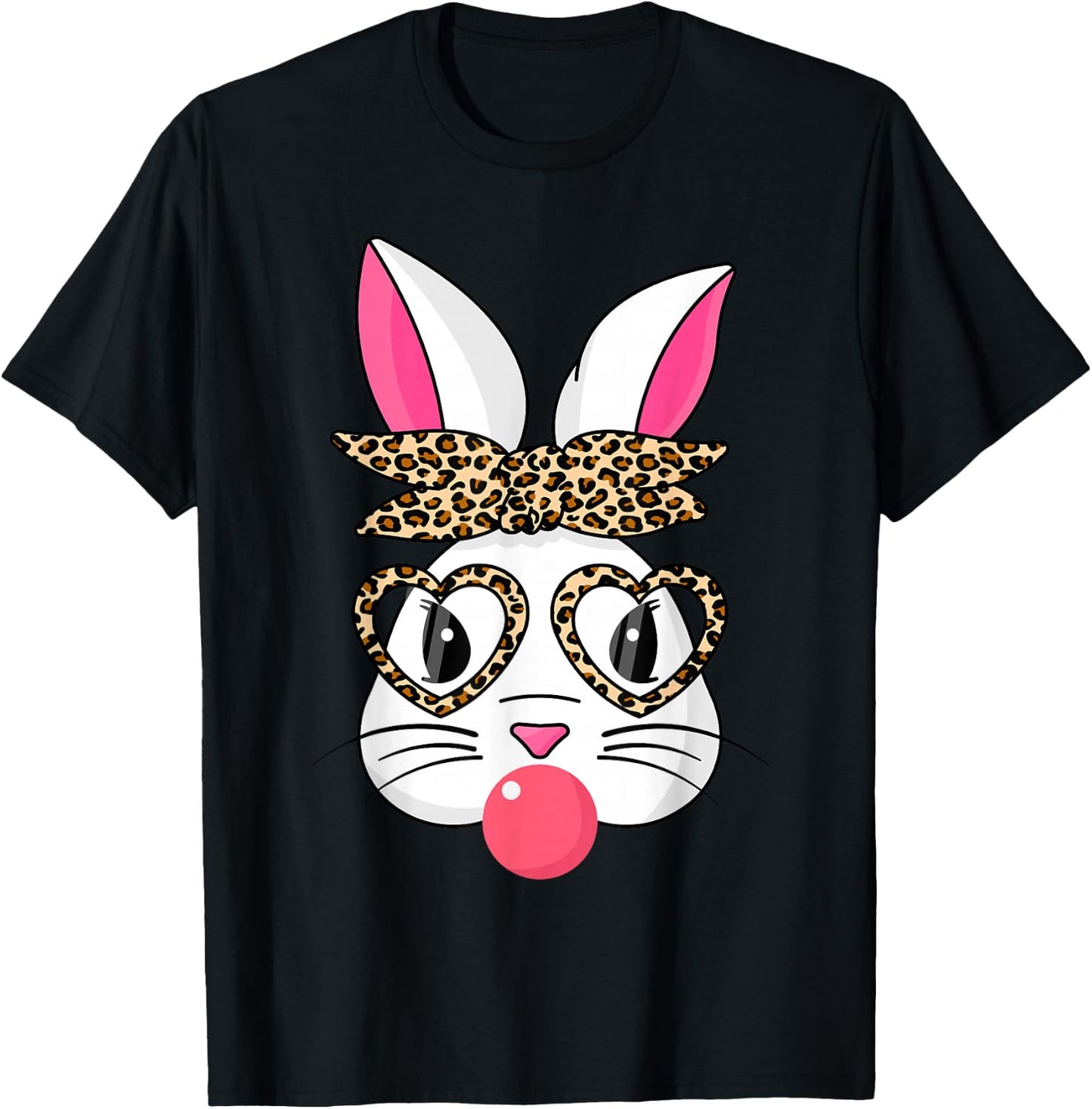 Cute Bunny With Leopard Bandana Heart Glasses Easter Day T-Shirt - T-Shirt | Black
