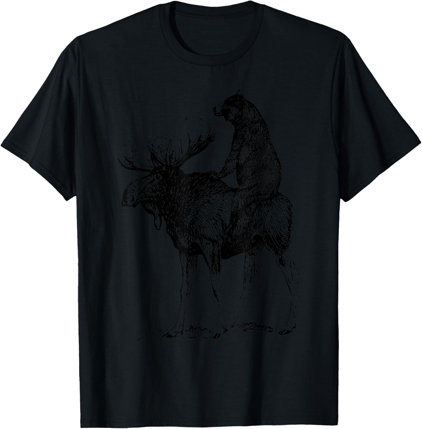 Vintage Cute Bear Riding Moose Nature Animals Retro T-Shirt - T-Shirt | Black