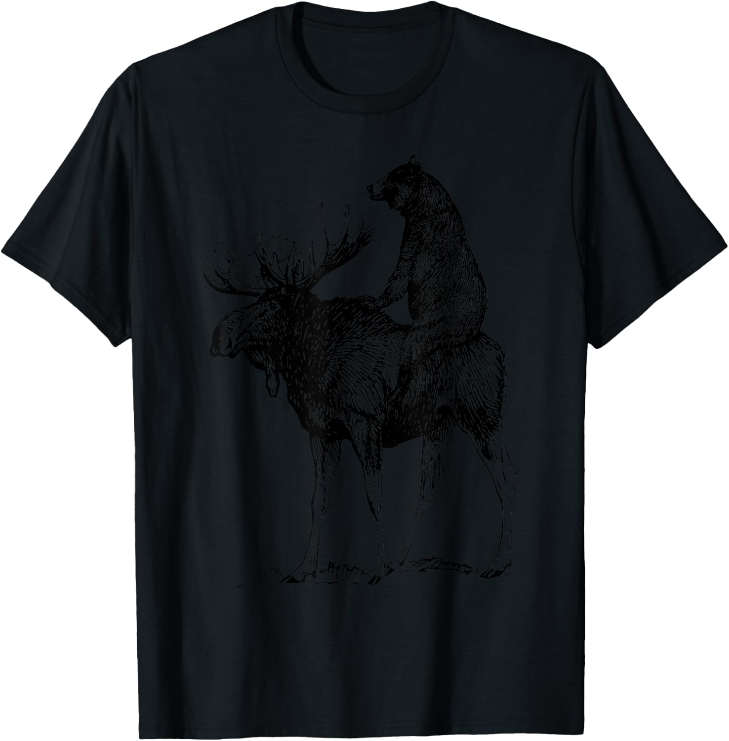 Vintage Cute Bear Riding Moose Nature Animals Retro T-Shirt - T-Shirt | Black