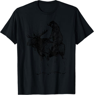 Vintage Cute Bear Riding Moose Nature Animals Retro T-Shirt - T-Shirt | Black