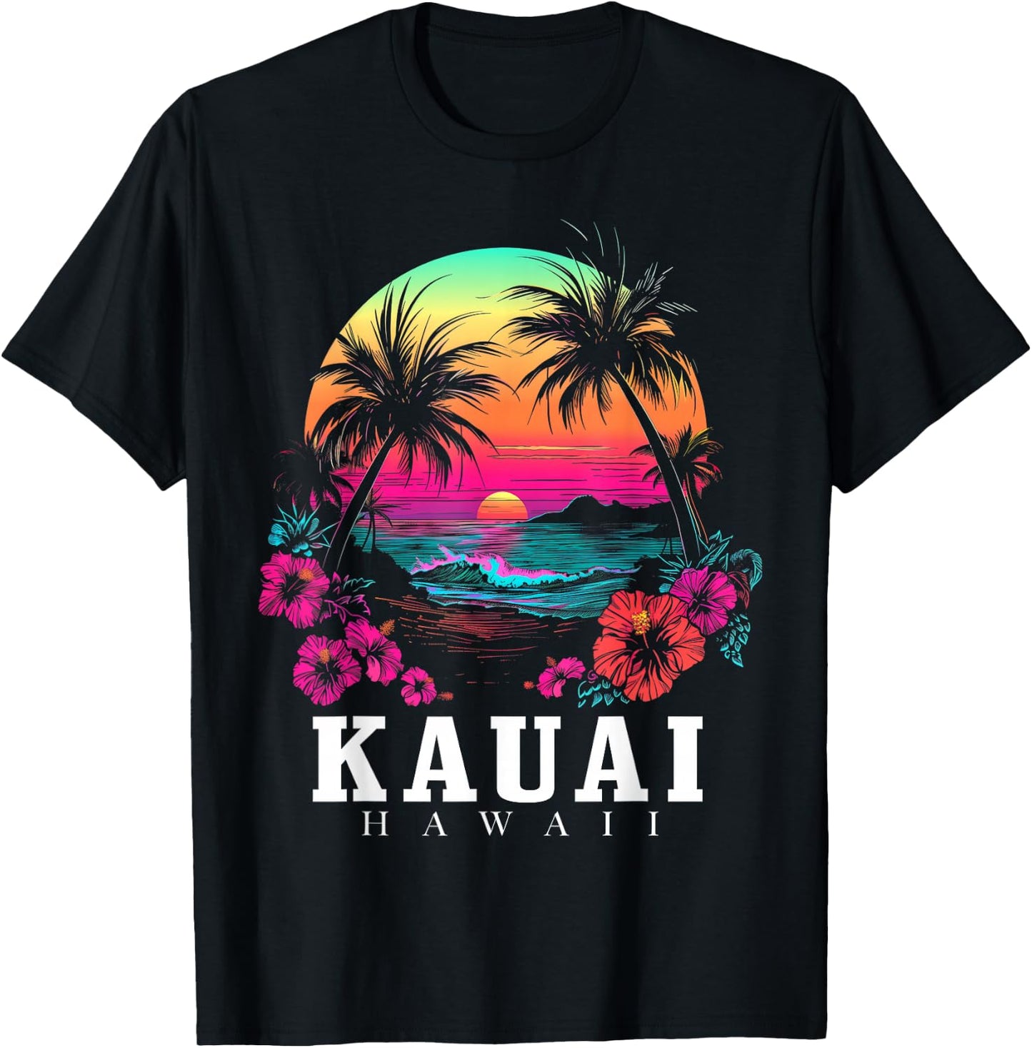 Kauai Hawaii Hawaiian Hibiscus Flowers Surfer Souvenir T-Shirt - T-Shirt | Black