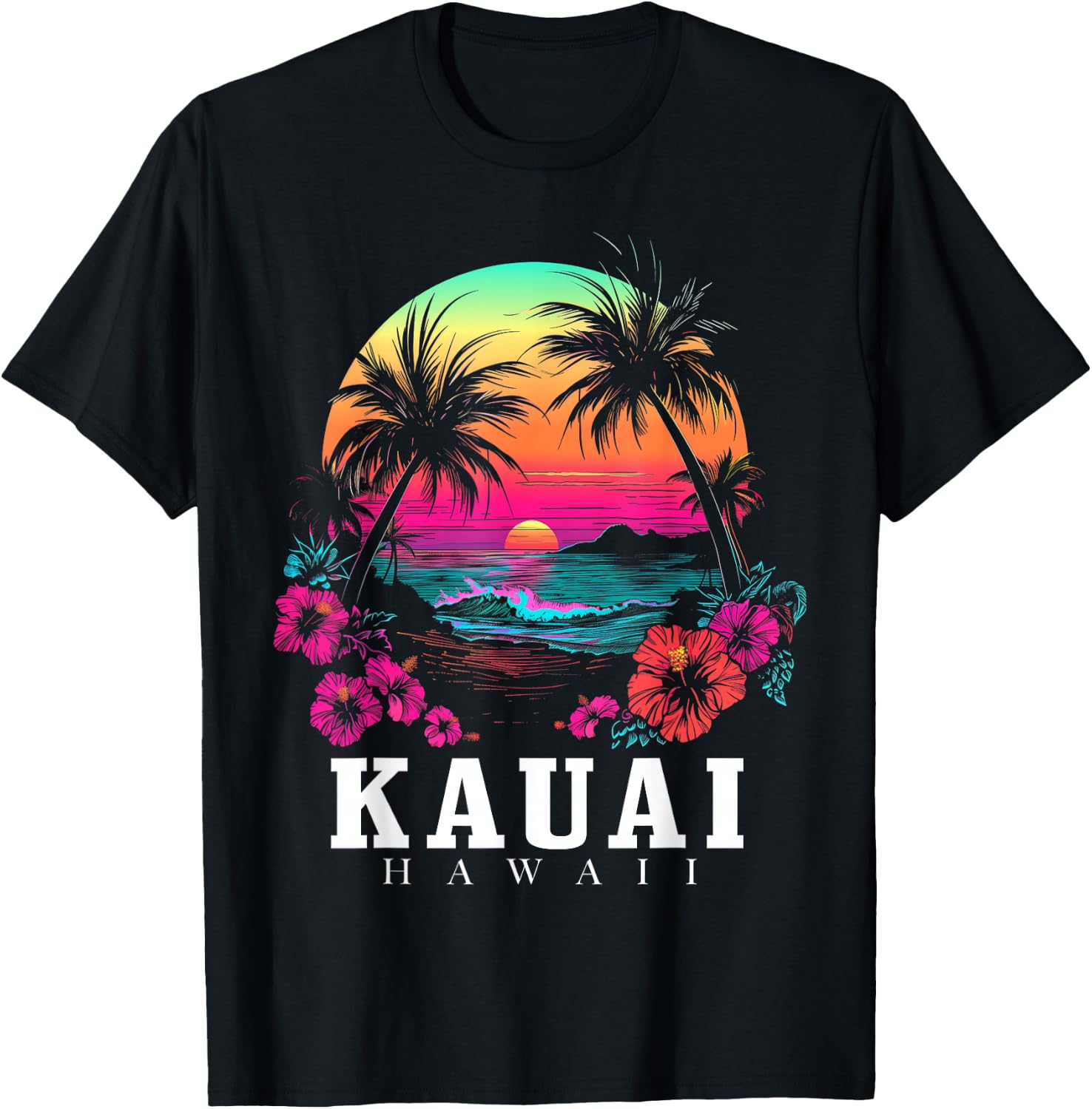 Kauai Hawaii Hawaiian Hibiscus Flowers Surfer Souvenir T-Shirt - T-Shirt | Black