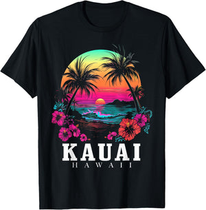Kauai Hawaii Hawaiian Hibiscus Flowers Surfer Souvenir T-Shirt - T-Shirt | Black
