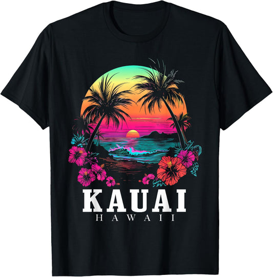 Kauai Hawaii Hawaiian Hibiscus Flowers Surfer Souvenir T-Shirt - T-Shirt | Black
