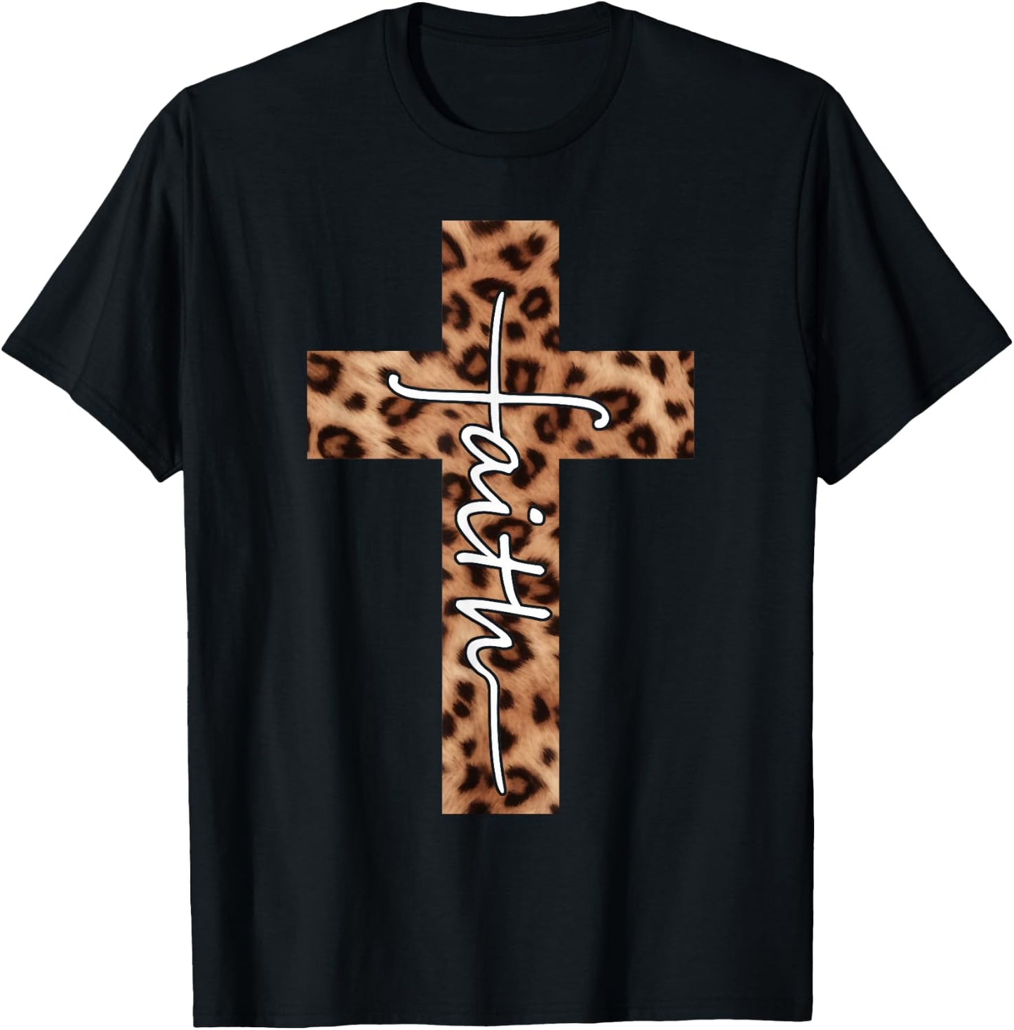 Faith Leopard Cross Christian Religious Faith Aesthetic T-Shirt - T-Shirt | Black