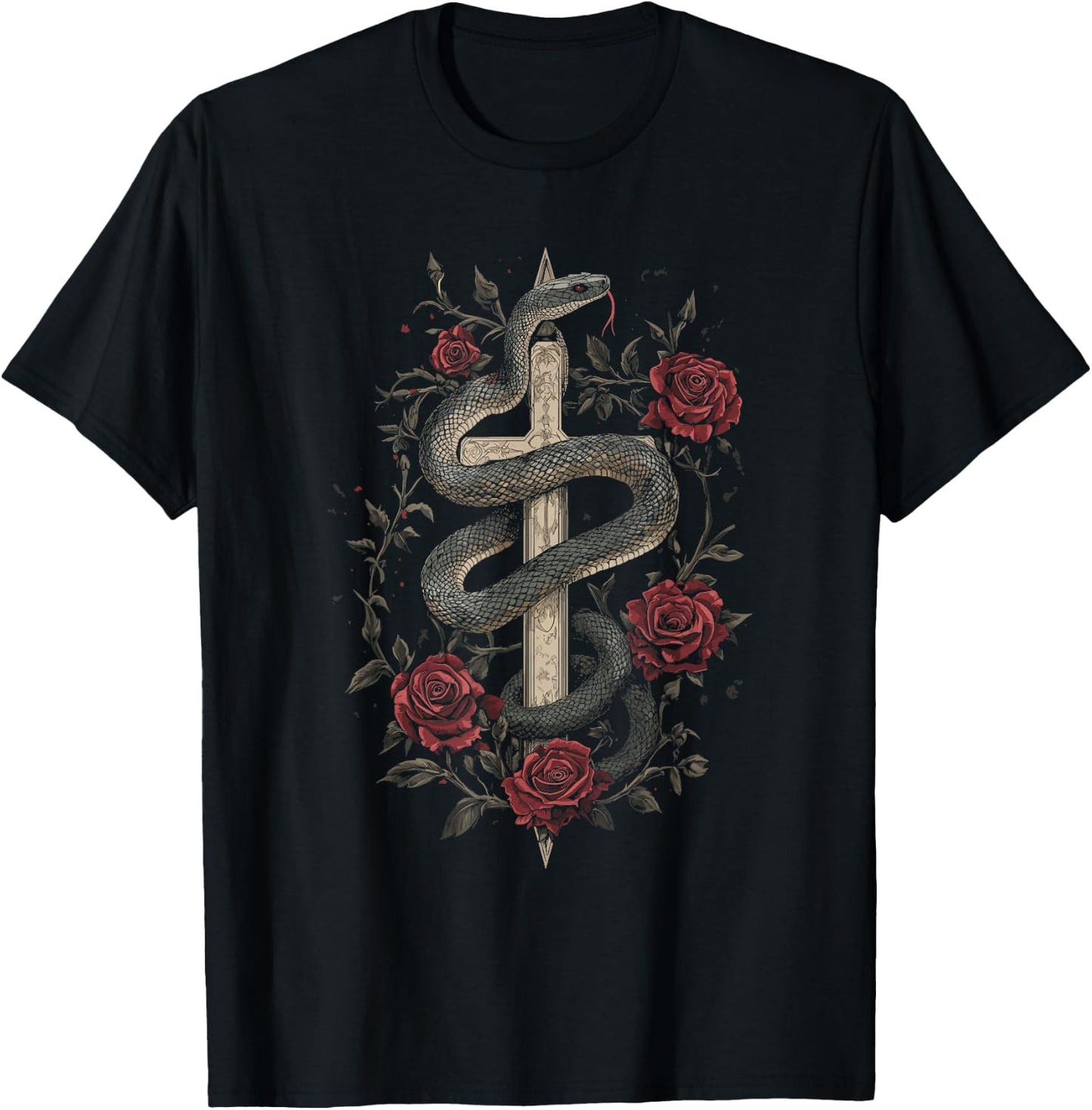 Snakes and Roses Around a Sword - Gothic , Black, S T-Shirt - T-Shirt | Black