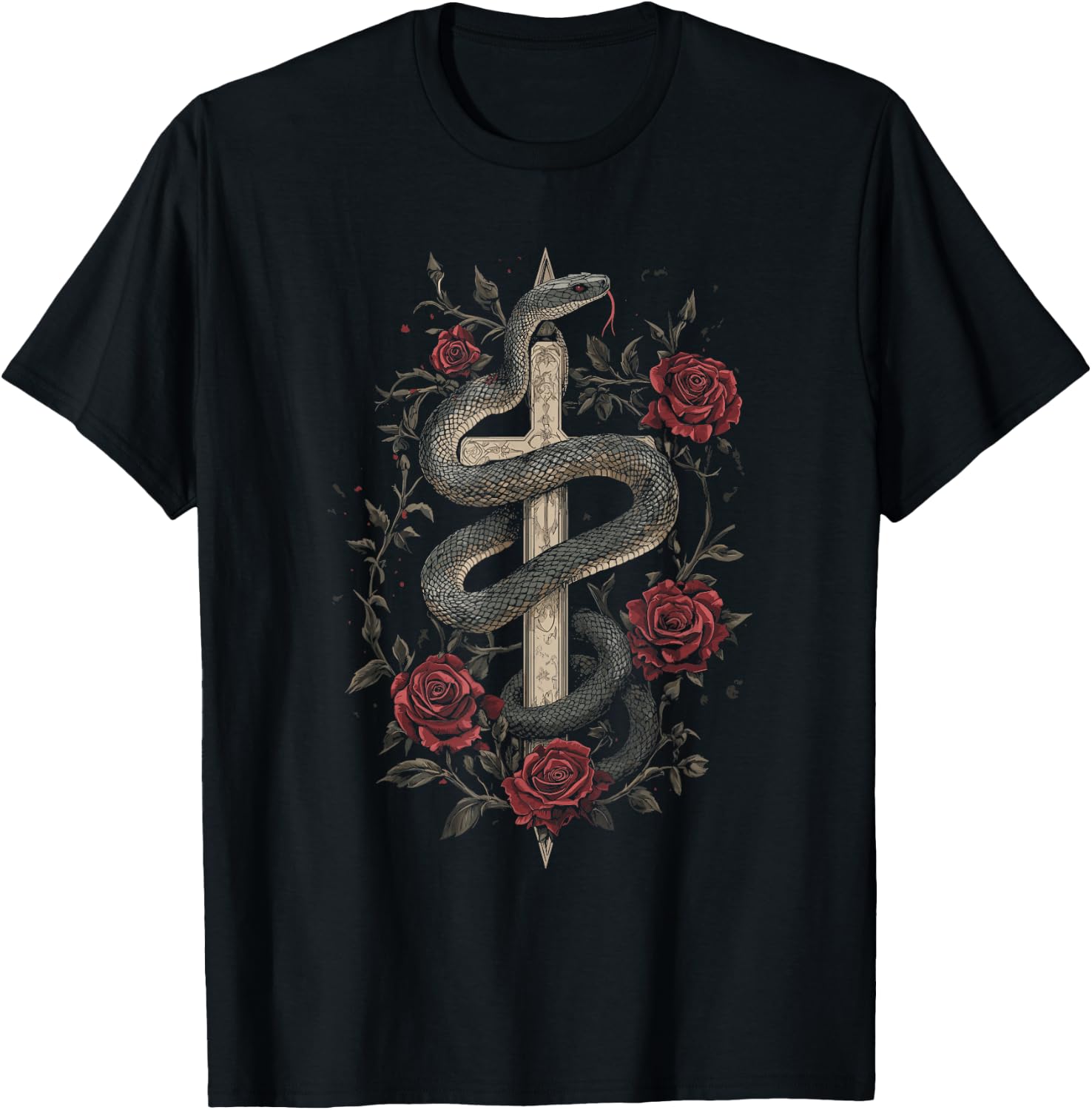 Snakes and Roses Around a Sword - Gothic , Black, S T-Shirt - T-Shirt | Black