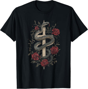 Snakes and Roses Around a Sword - Gothic , Black, S T-Shirt - T-Shirt | Black