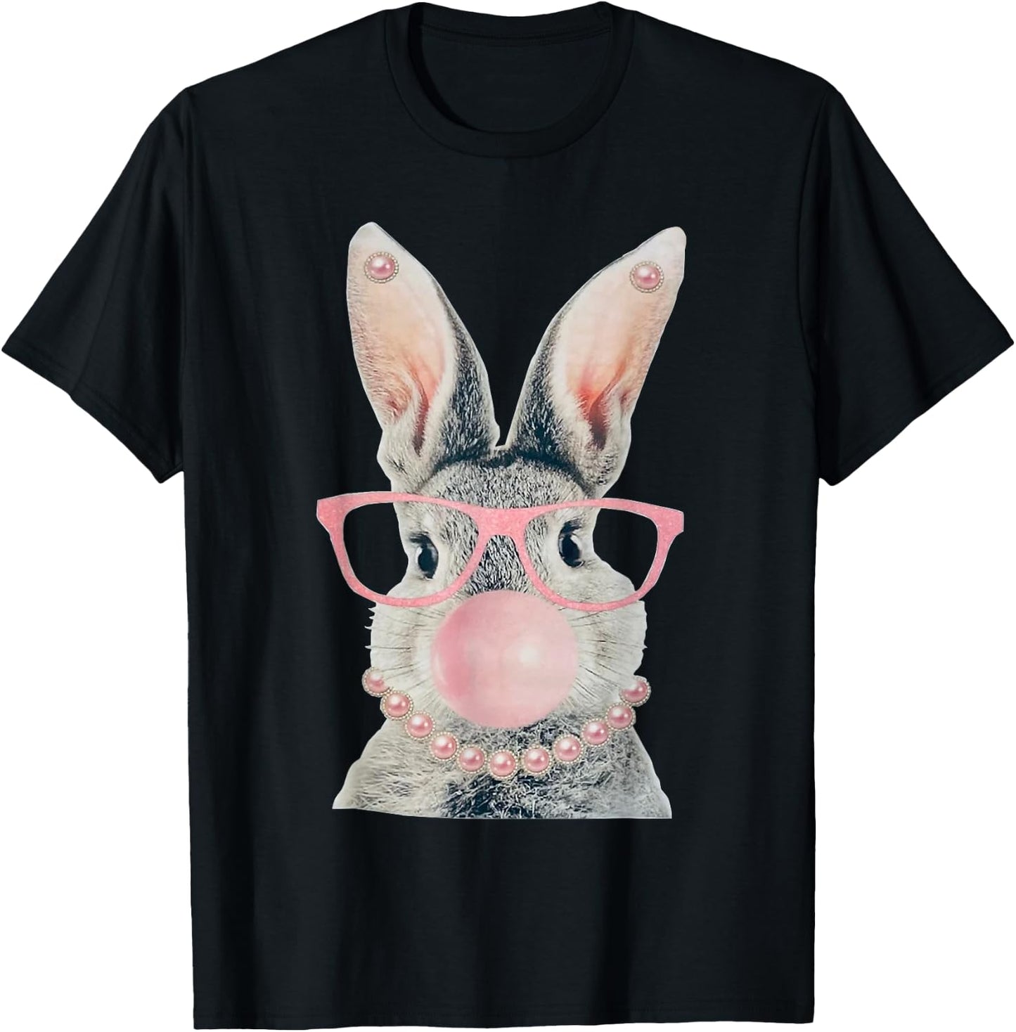 GLAM Funny BUNNY Wear Glasses Bead T-Shirt - T-Shirt | Black