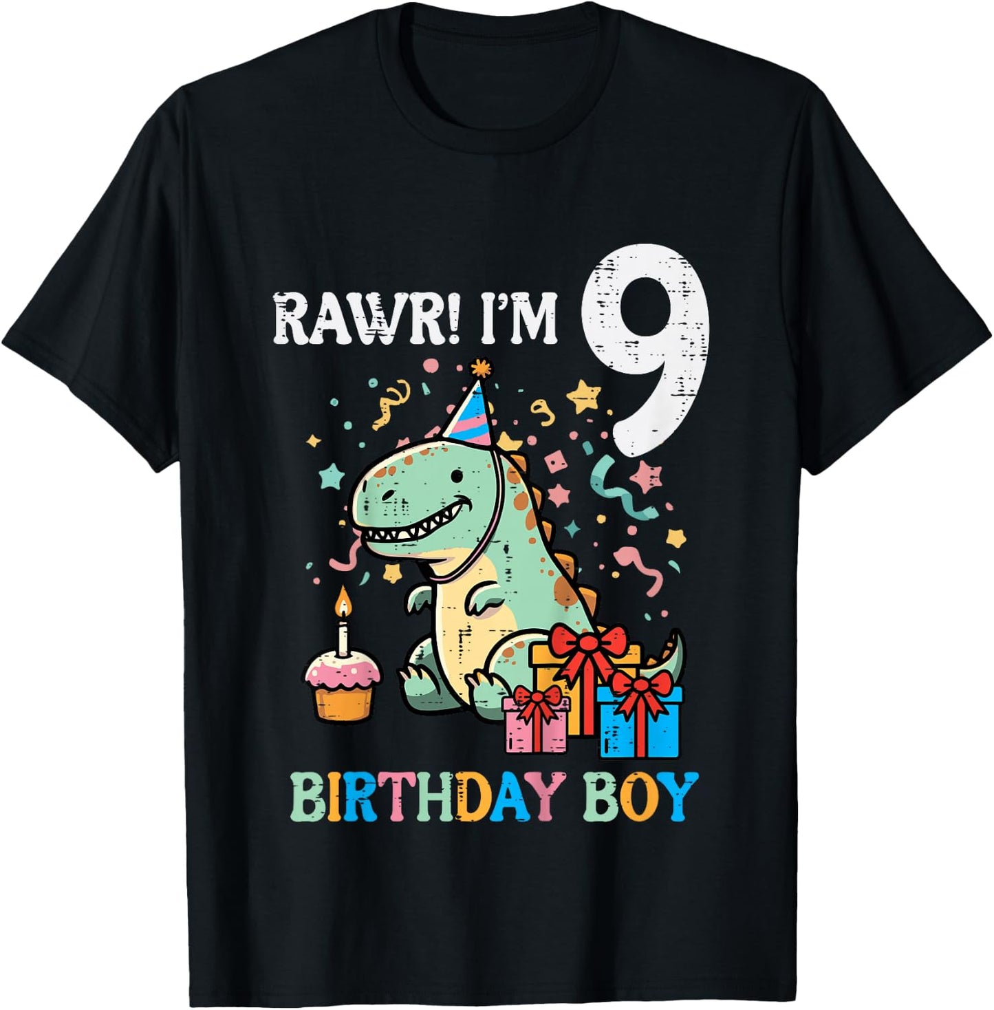 Kids Rawr Im 9 Dinosaur Birthday Boy Cute 9th Bday Trex Boys Kids T-Shirt - T-Shirt | Black