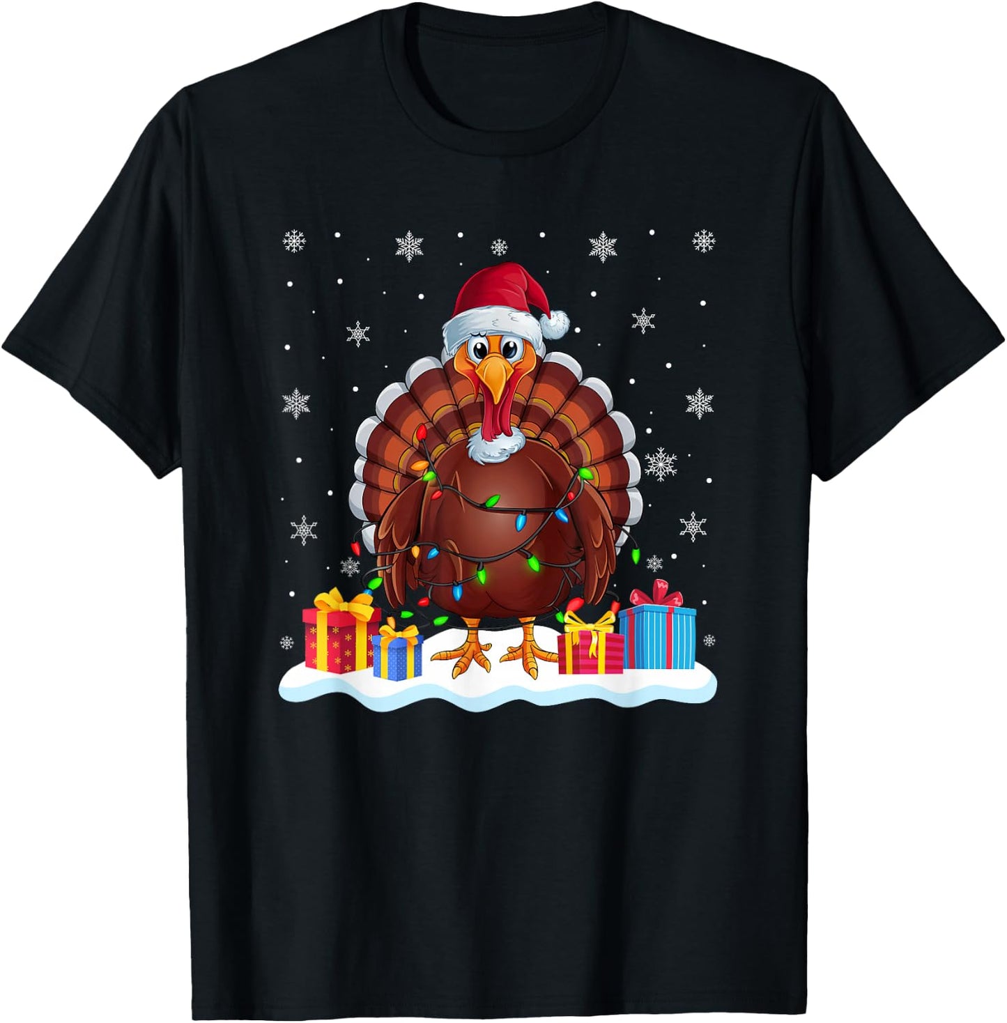 Turkey Santa Hat Christmas Tree Light Xmas Pajama T-Shirt - T-Shirt | Black