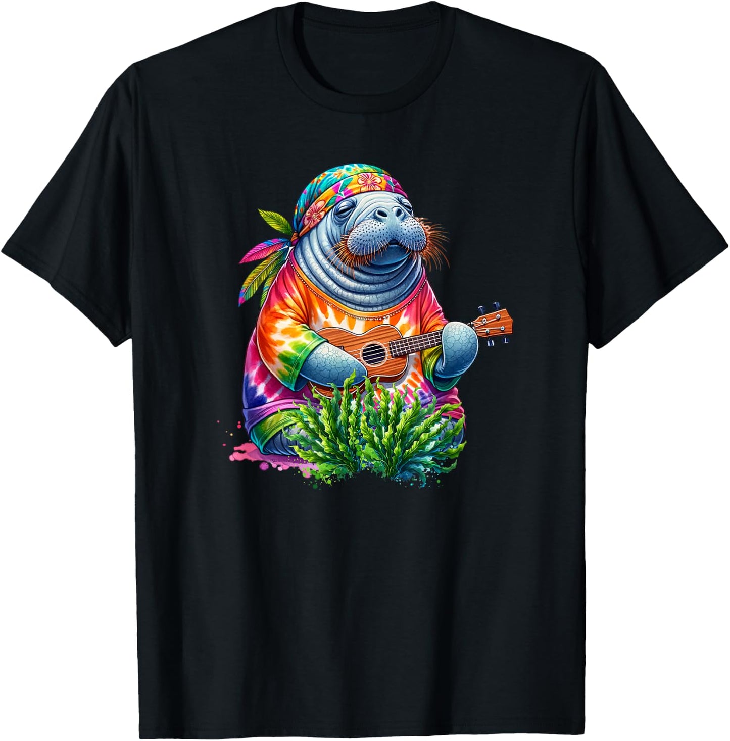 Funny Manatee Wears Hippie Tie Dye Playing Ukulele Uke Life T-Shirt - T-Shirt | Black