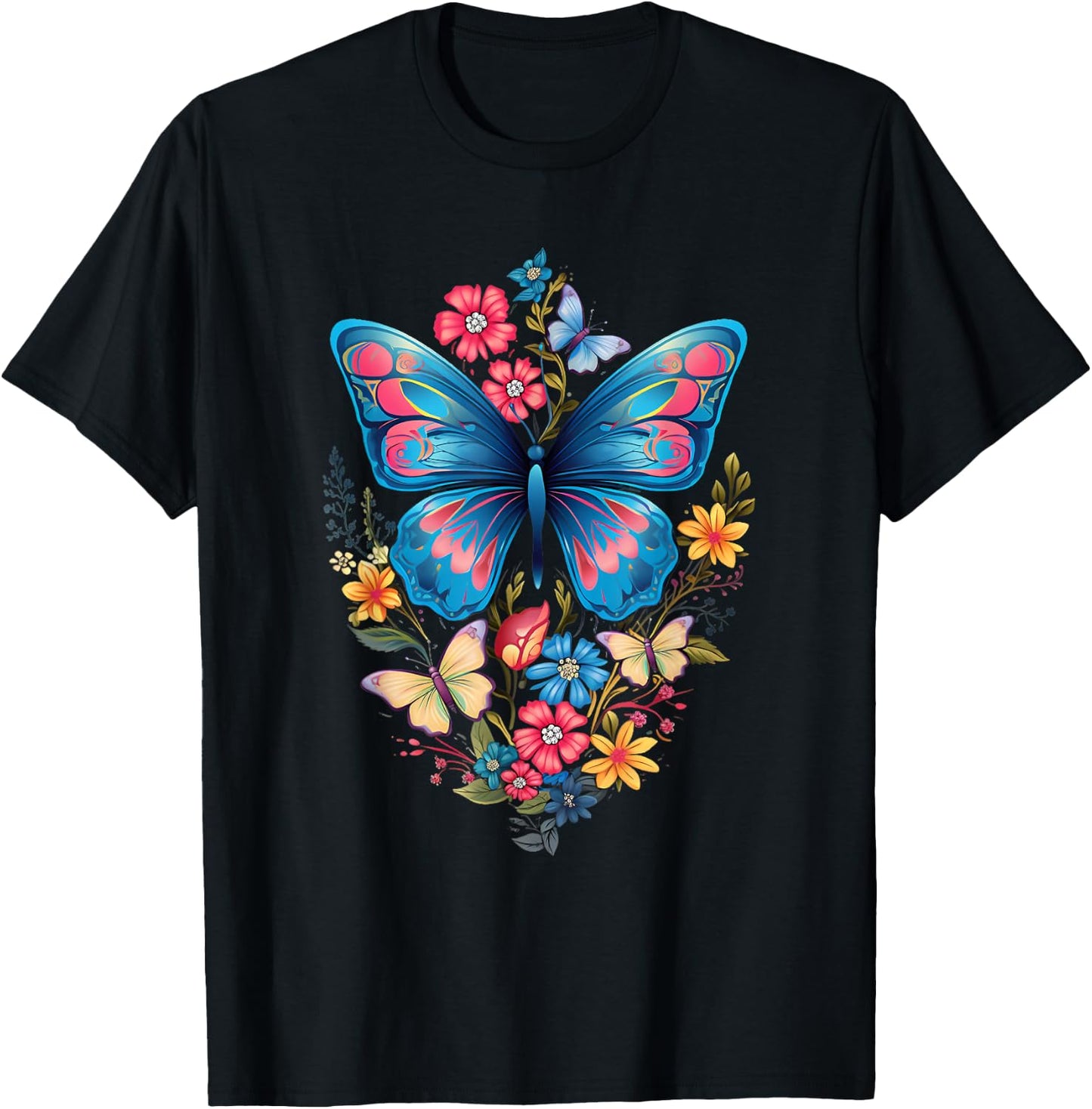 Butterfly with Flowers I Aesthetic Butterfly T-Shirt - T-Shirt | Black