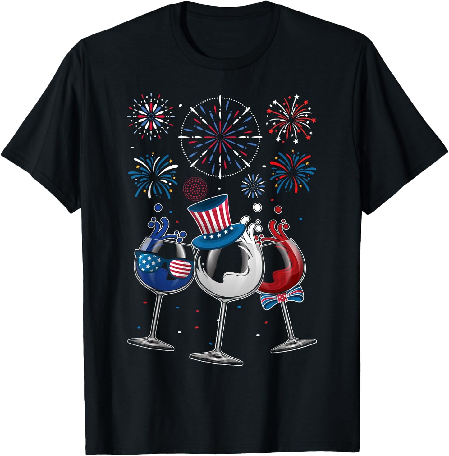 4th of July Red White Blue Wine Glasses Fireworks Patriotic Women Men T-Shirt - T-Shirt | Black