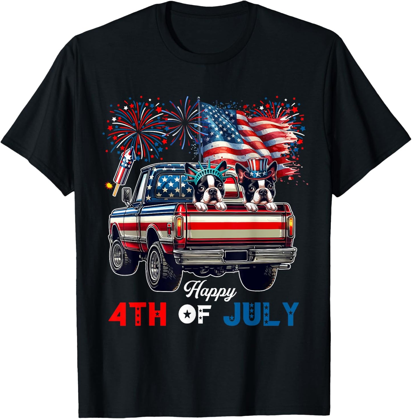 4th Of July Two Cute Boston Terriers On Pickup Truck Flag T-Shirt - T-Shirt | Black