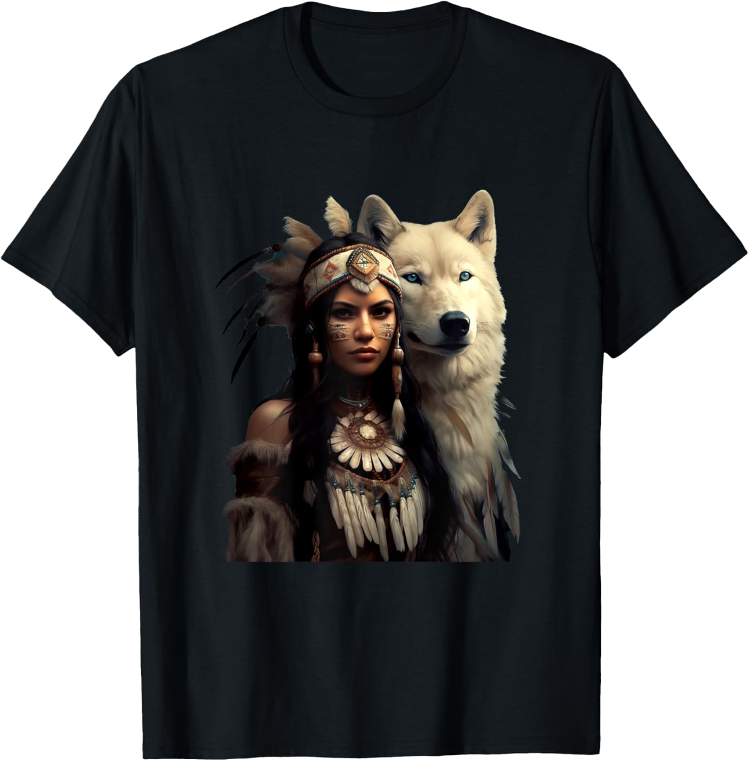 Indian Native American Woman With White Wolf Vintage Gifts T-Shirt - T-Shirt | Black