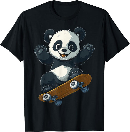 Cute Skateboarding Panda Fun Animal Girl Boy Kids T-Shirt - T-Shirt | Black